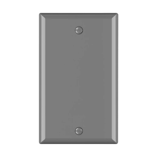 Grey 1-gang blank electrical box cover for utility rooms and facility maintenance.