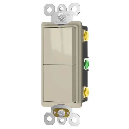 Almond 15A 120/277V dual rocker switch for warm-tone wallplate matching.