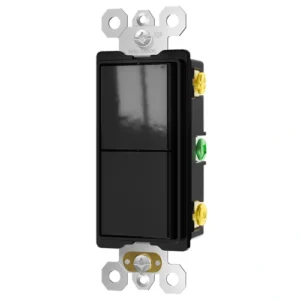 Black 15A dual rocker switch for commercial restroom and hotel room control layouts.