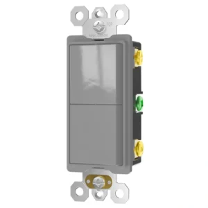 Grey dual rocker combination switch for facility maintenance and dual-zone lighting control.