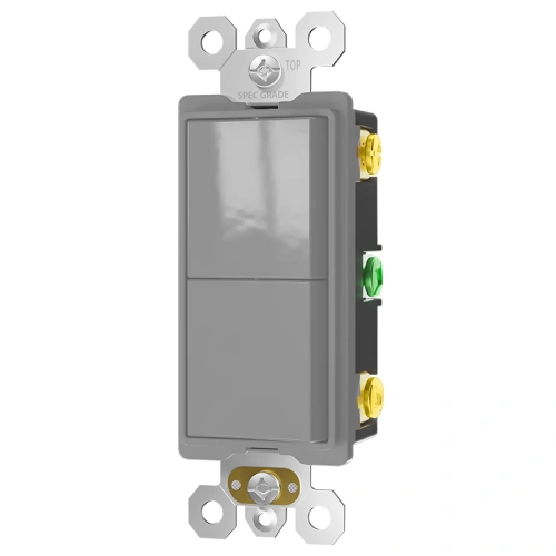 Grey dual rocker combination switch for facility maintenance and dual-zone lighting control.