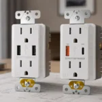 Dual USB-A outlet and USB-A/C outlet displayed side by side on a specification review desk with USB-A and USB-C cables.