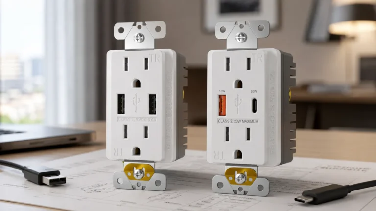 Dual USB-A outlet and USB-A/C outlet displayed side by side on a specification review desk with USB-A and USB-C cables.