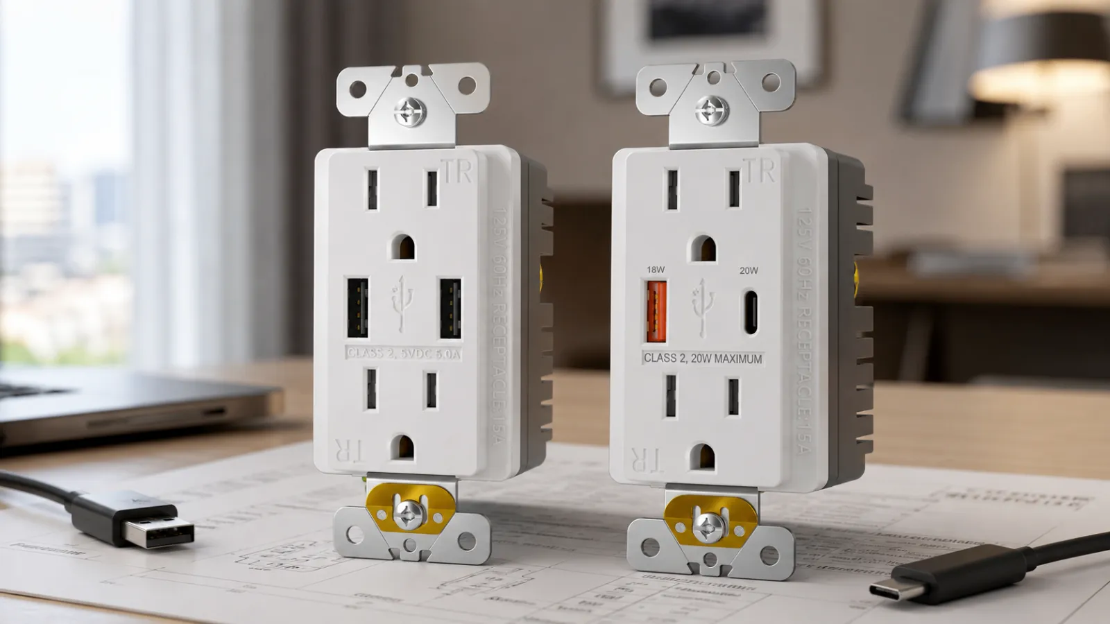 Dual USB-A outlet and USB-A/C outlet displayed side by side on a specification review desk with USB-A and USB-C cables.