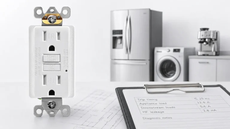 GFCI receptacle with modern appliances and trip timing checklist for diagnosing nuisance tripping and high-frequency leakage.