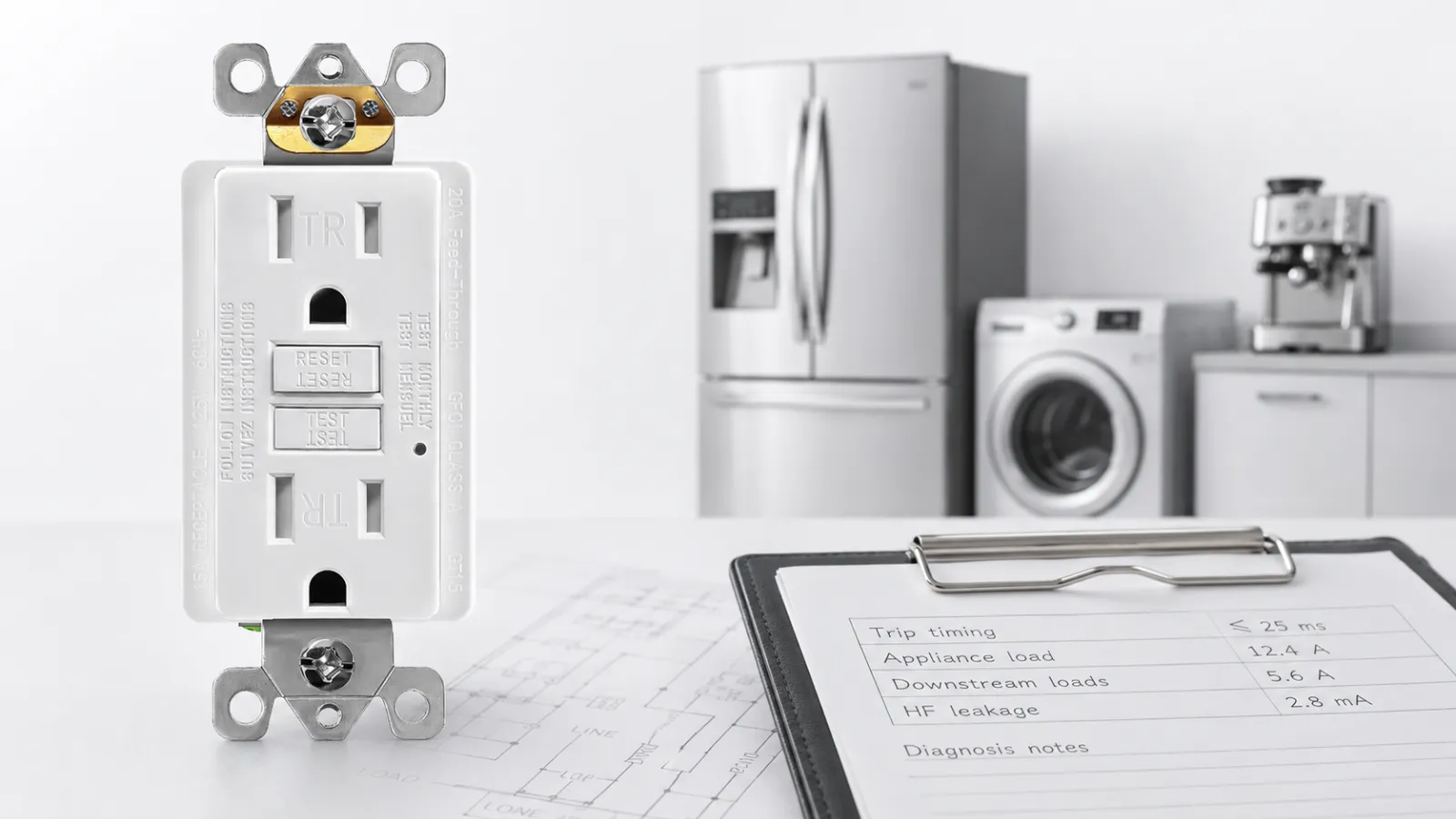 GFCI receptacle with modern appliances and trip timing checklist for diagnosing nuisance tripping and high-frequency leakage.