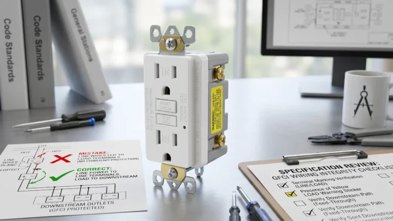 GFCI receptacle with LINE and LOAD wiring diagram, yellow LOAD warning sticker, and specification review checklist for GFCI outlet wiring mistakes