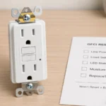 Self-test GFCI outlet beside a reset checklist for line power, load side, LED status, moisture and replacement decision checks
