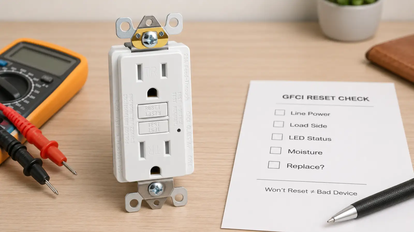 Self-test GFCI outlet beside a reset checklist for line power, load side, LED status, moisture and replacement decision checks.