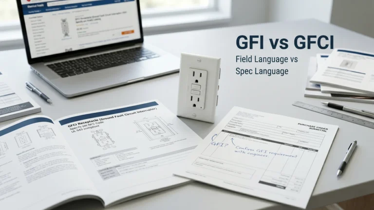 GFCI receptacle on a specification review desk with purchase order and technical documents for GFI vs GFCI terminology comparison