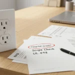 Commercial-grade receptacle on a specification review desk with hospital-grade scope check notes for UL 498.