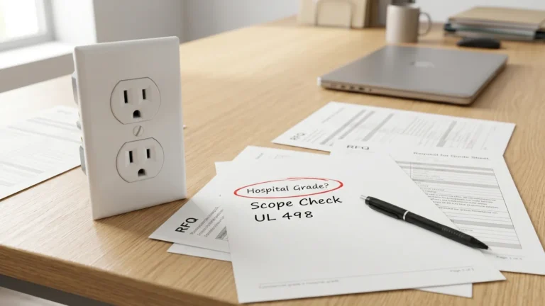 Commercial-grade receptacle on a specification review desk with hospital-grade scope check notes for UL 498.