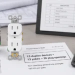 Project buyer reviewing duplex receptacle quantities with a calculator and worksheet showing 13 duplex devices equal 13 yokes and 26 plug openings.
