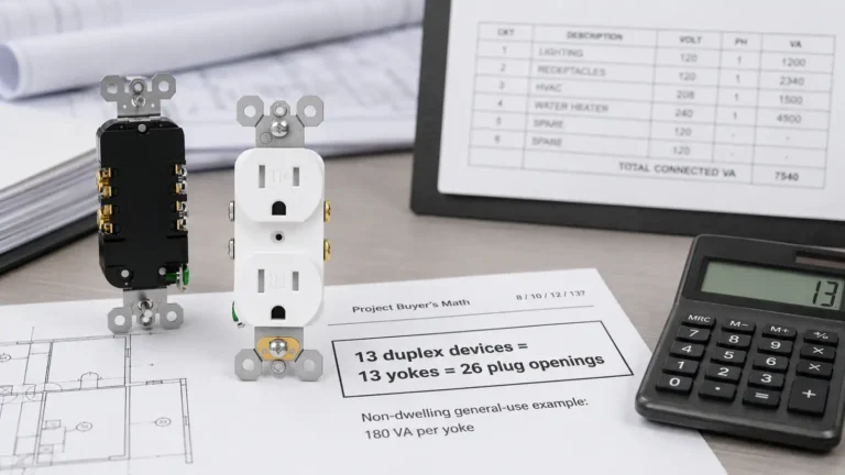 Project buyer reviewing duplex receptacle quantities with a calculator and worksheet showing 13 duplex devices equal 13 yokes and 26 plug openings.