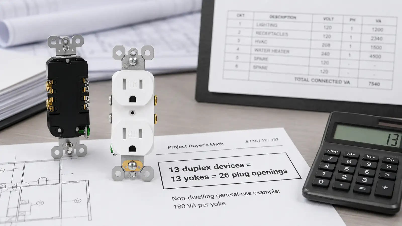 Project buyer reviewing duplex receptacle quantities with a calculator and worksheet showing 13 duplex devices equal 13 yokes and 26 plug openings.