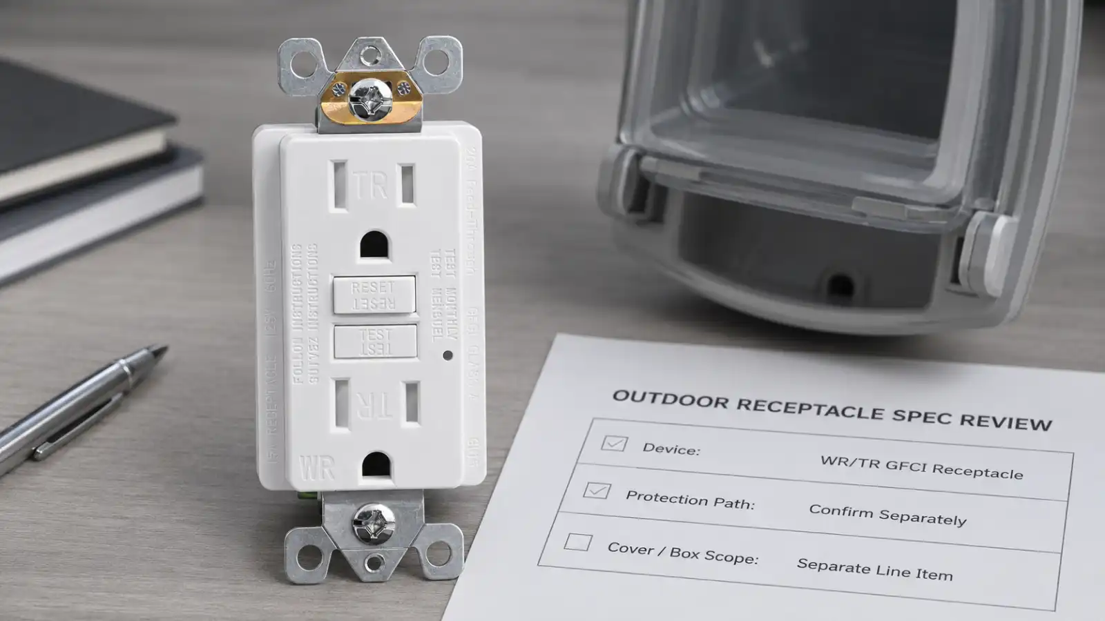 WR/TR outdoor GFCI outlet beside an in-use cover and specification sheet separating the receptacle, protection path and cover scope.