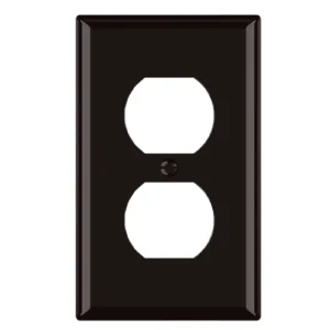 Jumbo 1-gang duplex receptacle plate for wider retrofit coverage around old outlet openings.