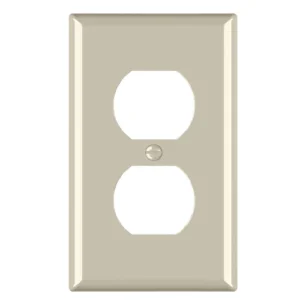 Mid-size 1-gang duplex outlet cover for covering light paint marks and wall gaps.