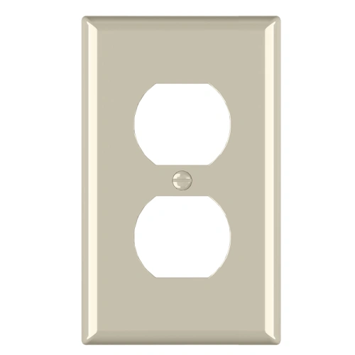 Mid-size 1-gang duplex outlet cover for covering light paint marks and wall gaps.