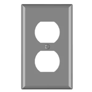 Grey duplex receptacle plate for utility rooms, workshops, and maintenance areas.