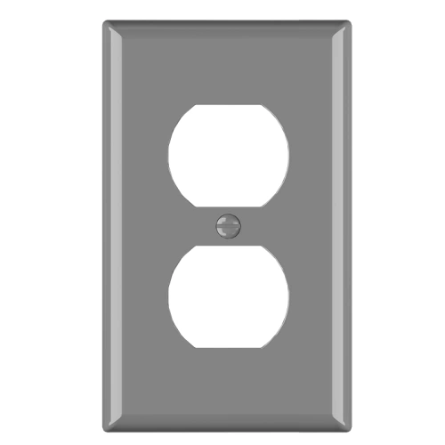 Grey duplex receptacle plate for utility rooms, workshops, and maintenance areas.