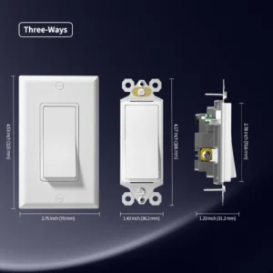 Dimension drawing of TM-5 15A 3-way rocker switch for standard wall box planning.