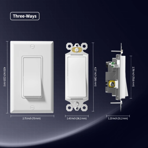 Dimension drawing of TM-5 15A 3-way rocker switch for standard wall box planning.