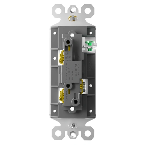 Rear terminal view of 3-way rocker switch showing common, traveler, and grounding connections.