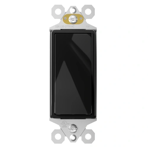 Black 15A 4-way rocker switch for commercial corridor lighting control.