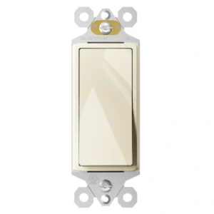 Almond 15A 120/277V rocker switch for warm-tone wallplate matching.