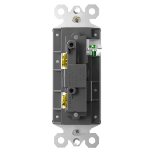 Rear wiring view of single pole rocker switch showing switching terminals and grounding connection.