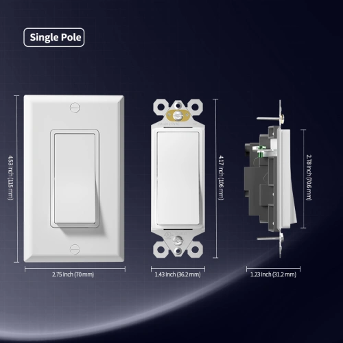 Dimension drawing of TM-4 15A rocker switch for standard electrical wall box planning.