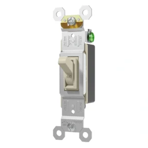 Almond single pole toggle switch for warm-tone wallplate matching.