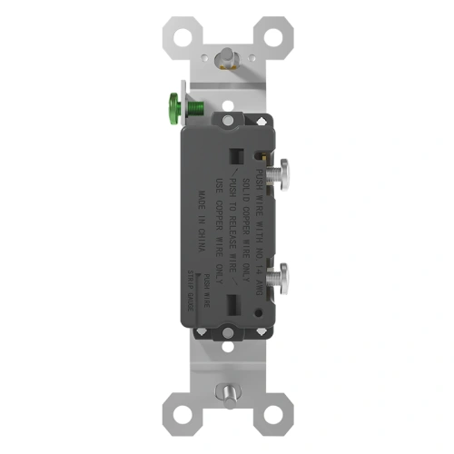 Rear view of 15A single pole toggle switch showing switch terminals and grounding point.