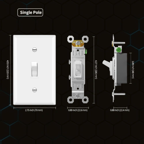 Dimension drawing of TM-1 single pole toggle switch for electrical box fit checking.