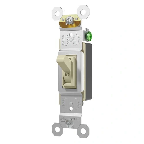 Ivory 15A single pole toggle switch for retrofit work in older residential units.