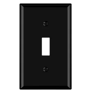 Black 1-gang toggle switch plate for utility rooms and dark commercial interiors.