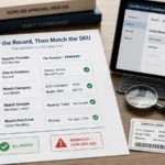 UL file number verification workflow showing file number, CCN, model SKU, marking label and PO line checks before supplier approval