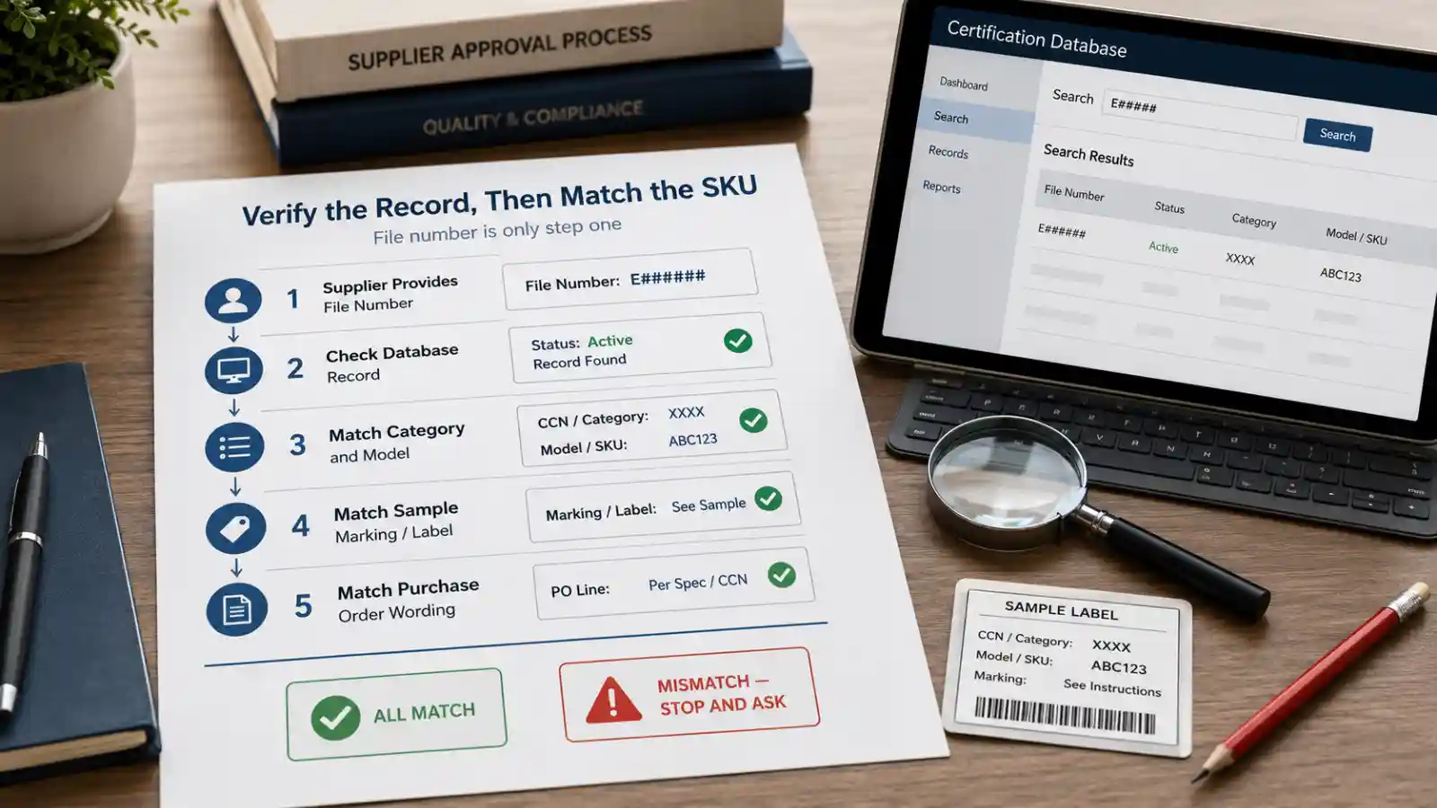 UL file number verification workflow showing certification database search, CCN category, model SKU, marking label and PO line checks before supplier approval.