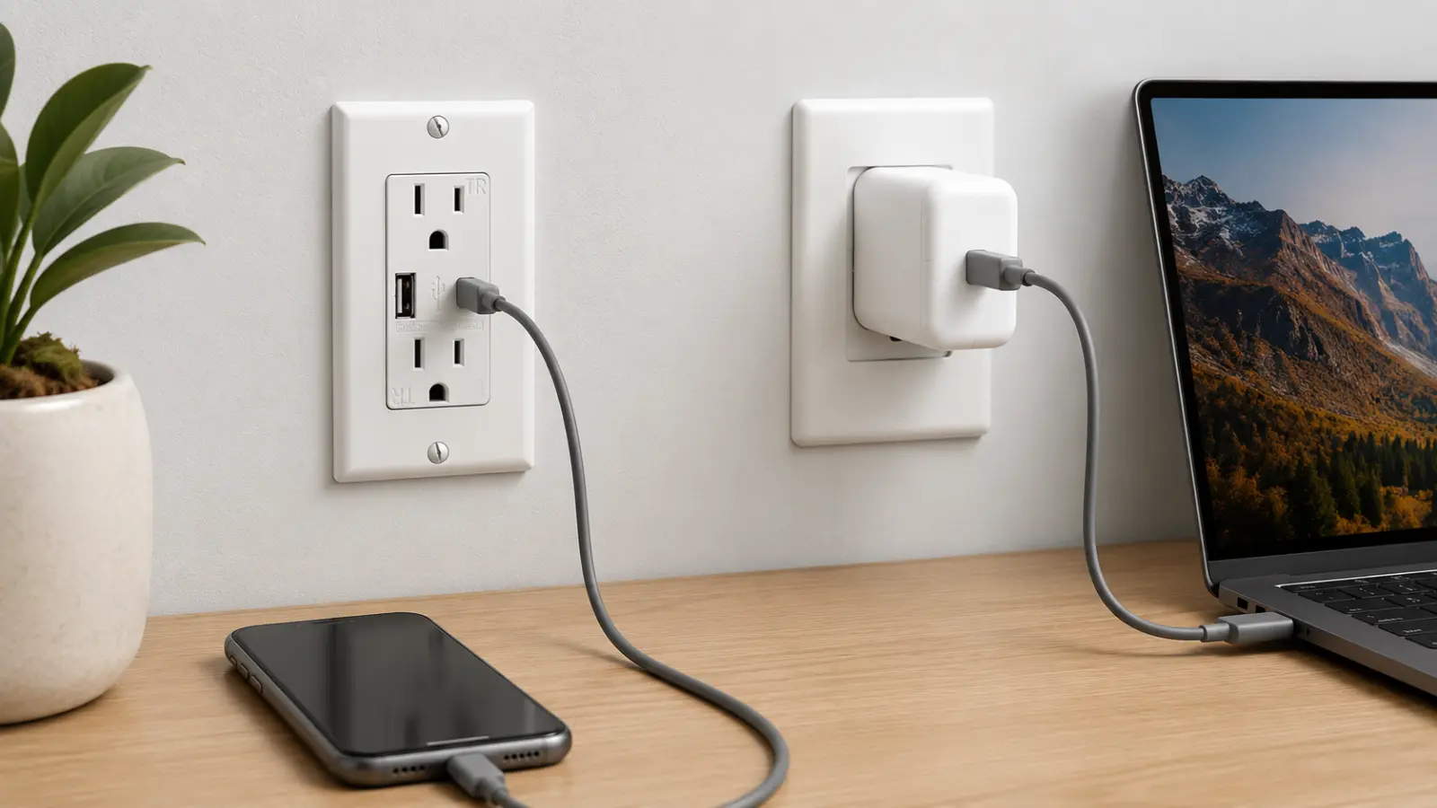 USB wall outlet and plug-in wall charger shown on a hotel desk with phone, tablet, earbuds, and laptop charging