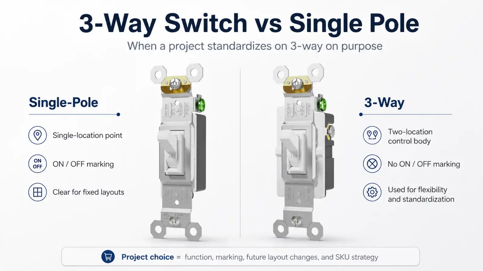 Single-pole switch and 3-way switch compared for project sourcing, showing ON/OFF marking, SKU flexibility, and stocking decisions.