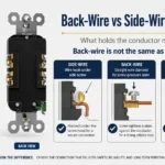 Back-wire vs side-wire vs backstab receptacle terminal comparison showing screw clamp and push-in spring connection types