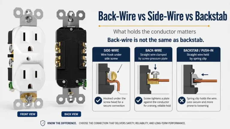 Back-wire vs side-wire vs backstab receptacle terminal comparison showing screw clamp and push-in spring connection types