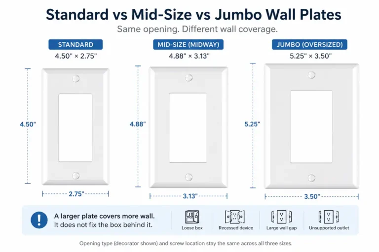 Comparison graphic showing standard, mid-size, and jumbo decorator wall plates with the message that a bigger wall plate covers more wall but does not fix a loose box, recessed device, or large wall gap.