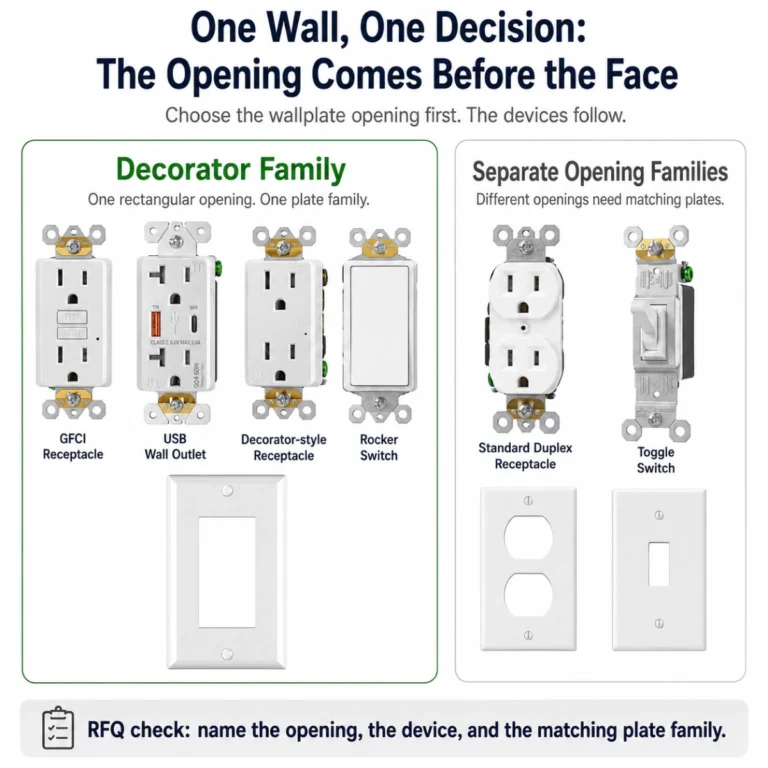 Decorator receptacle, GFCI outlet, USB outlet, rocker switch, standard duplex receptacle and toggle switch compared by wallplate opening family.
