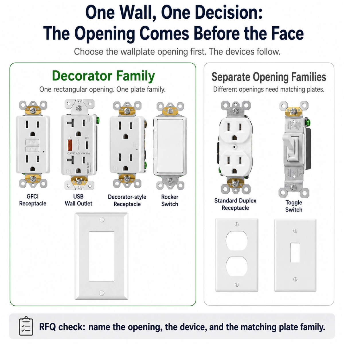 Decorator receptacle, GFCI outlet, USB outlet, rocker switch, standard duplex receptacle and toggle switch compared by wallplate opening family.