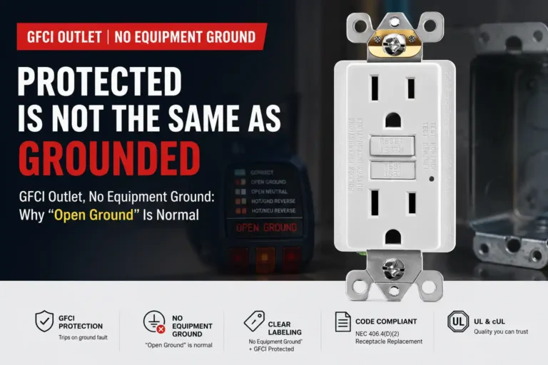 GFCI outlet with no equipment ground showing an open ground tester reading and the difference between protected and grounded