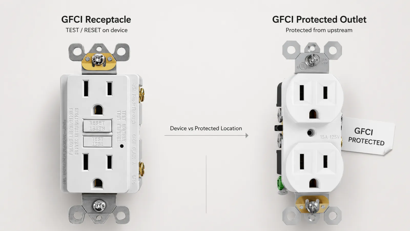 Comparison of a GFCI receptacle with TEST and RESET buttons and a standard receptacle labeled GFCI Protected Outlet.