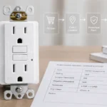 GFCI receptacle beside a purchase order specification sheet showing protection point, wiring check, and handover document workflow