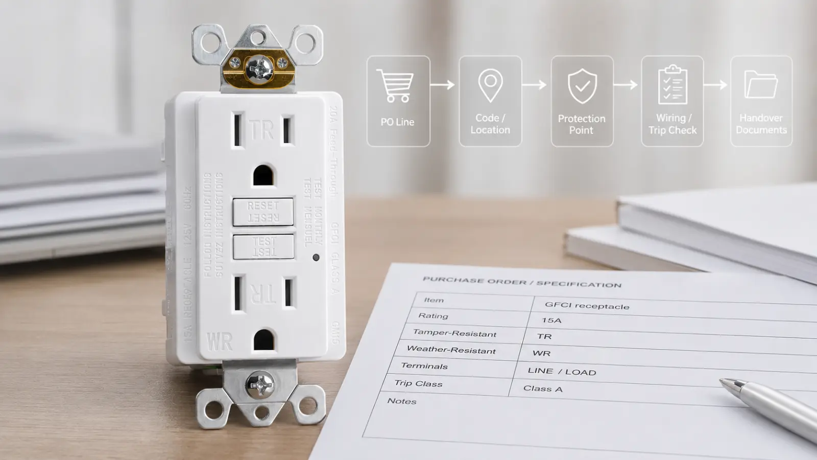 GFCI receptacle beside a purchase order specification sheet showing protection point, wiring check, and handover document workflow